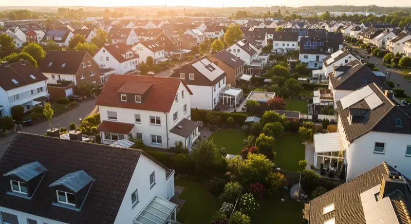 Aerial drone view of typical German residential neighborhood with mixed roof types, red and dark roof tiles, gardens visible, sunny day