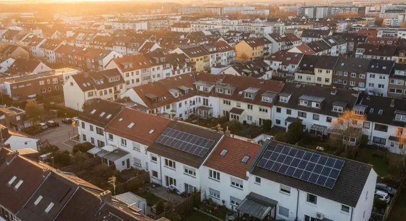 Aerial drone view of typical German residential neighborhood with mixed roof types, red and dark roof tiles, gardens visible, sunny day