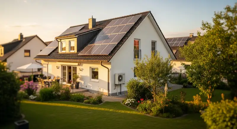 German detached house (Einfamilienhaus) with photovoltaic panels on pitched roof, well-maintained garden, warm afternoon sunlight