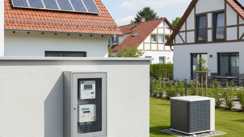Modern German electrical meter cabinet (Zählerschrank) with smart meter and solar inverter connection, clean technical installation