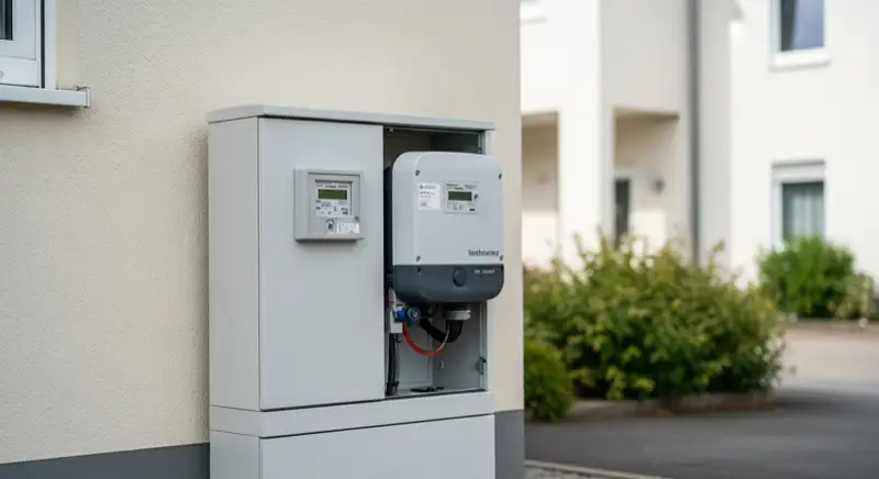 Modern German electrical meter cabinet (Zählerschrank) with smart meter and solar inverter connection, clean technical installation