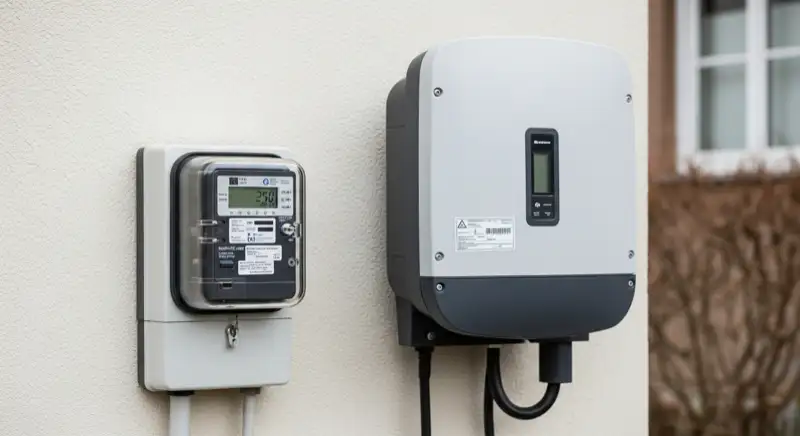 Modern German electrical meter cabinet (Zählerschrank) with smart meter and solar inverter connection, clean technical installation
