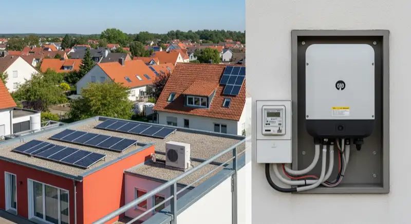 Modern German electrical meter cabinet (Zählerschrank) with smart meter and solar inverter connection, clean technical installation