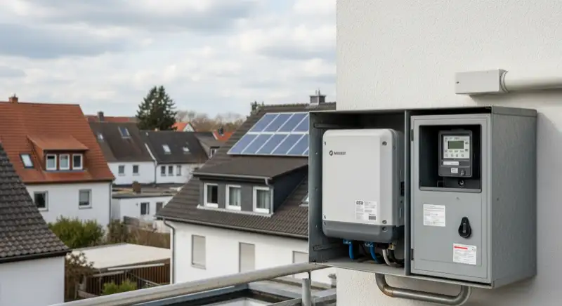 Modern German electrical meter cabinet (Zählerschrank) with smart meter and solar inverter connection, clean technical installation