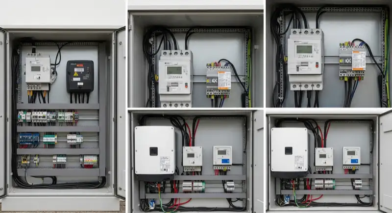 Modern German electrical meter cabinet (Zählerschrank) with smart meter and solar inverter connection, clean technical installation
