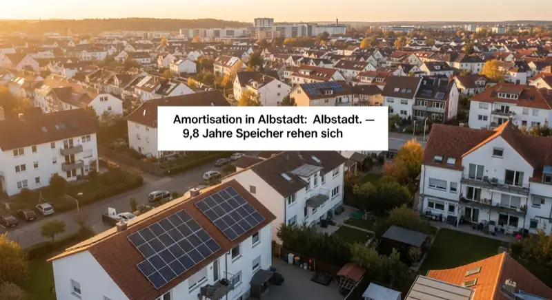 Aerial drone view of typical German residential neighborhood with mixed roof types, red and dark roof tiles, gardens visible, sunny day