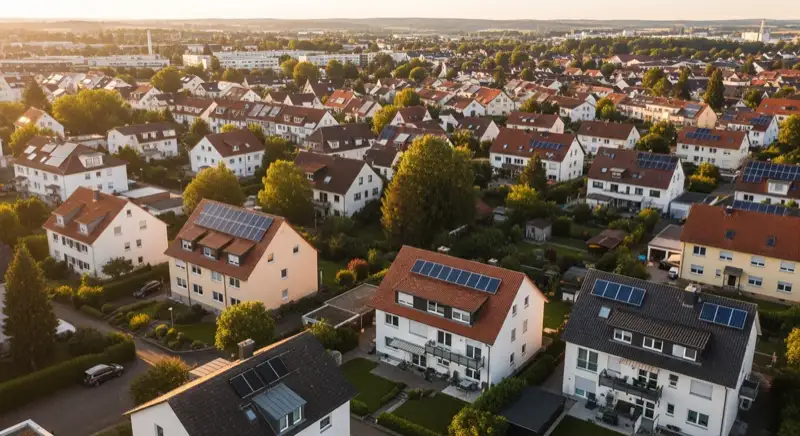 Aerial drone view of typical German residential neighborhood with mixed roof types, red and dark roof tiles, gardens visible, sunny day