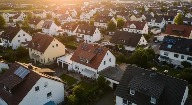 Aerial drone view of typical German residential neighborhood with mixed roof types, red and dark roof tiles, gardens visible, sunny day