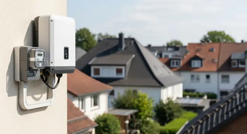 Modern German electrical meter cabinet (Zählerschrank) with smart meter and solar inverter connection, clean technical installation