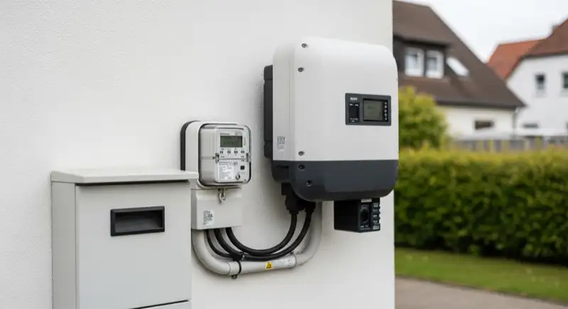 Modern German electrical meter cabinet (Zählerschrank) with smart meter and solar inverter connection, clean technical installation
