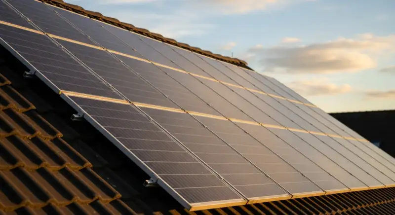 Close-up of photovoltaic solar panels installed on a traditional German Satteldach (gabled roof), blue sky with some clouds