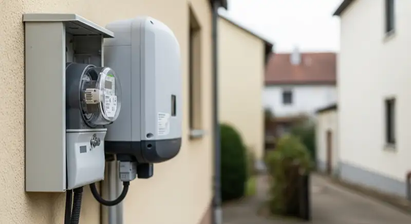 Modern German electrical meter cabinet (Zählerschrank) with smart meter and solar inverter connection, clean technical installation
