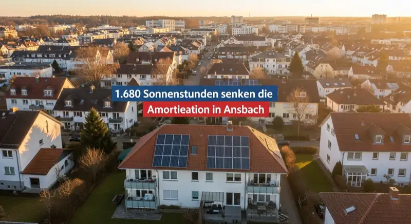 Aerial drone view of typical German residential neighborhood with mixed roof types, red and dark roof tiles, gardens visible, sunny day
