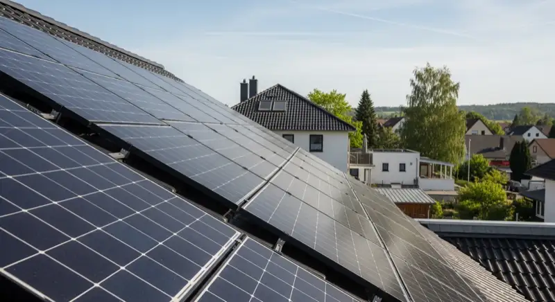 Geneigtes Sauerland-Dach mit Solarmodulen bei klarem Himmel in Attendorn