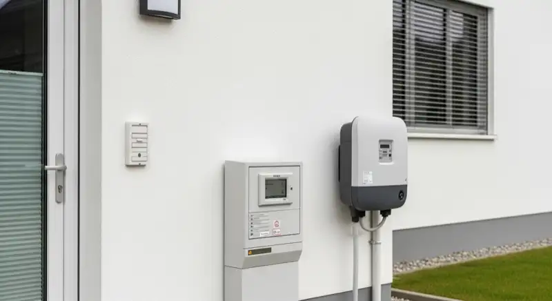 Modern German electrical meter cabinet (Zählerschrank) with smart meter and solar inverter connection, clean technical installation