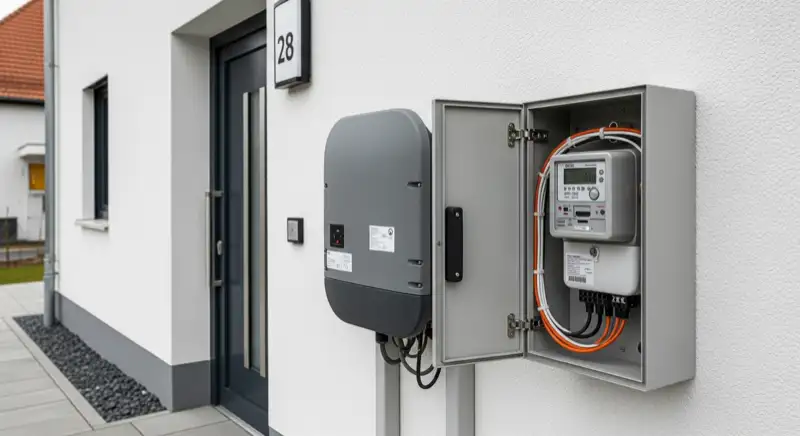 Modern German electrical meter cabinet (Zählerschrank) with smart meter and solar inverter connection, clean technical installation