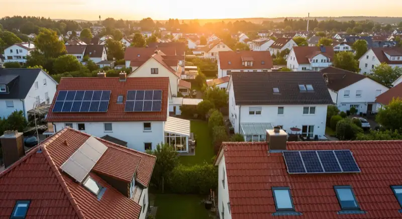 Aerial drone view of typical German residential neighborhood with mixed roof types, red and dark roof tiles, gardens visible, sunny day