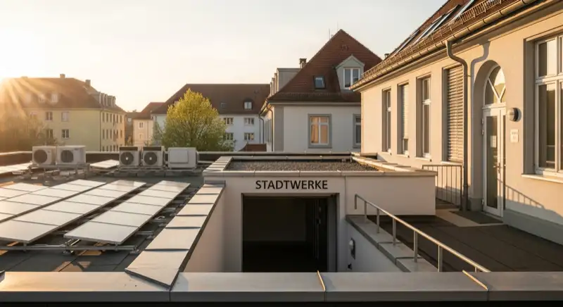 Blick auf das Stadtwerke-Gebäude in Augsburg mit Service-Eingang, lokale Versorgeratmosphäre
