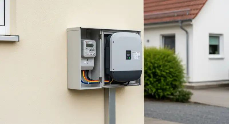 Modern German electrical meter cabinet (Zählerschrank) with smart meter and solar inverter connection, clean technical installation