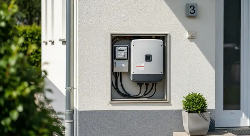 Modern German electrical meter cabinet (Zählerschrank) with smart meter and solar inverter connection, clean technical installation