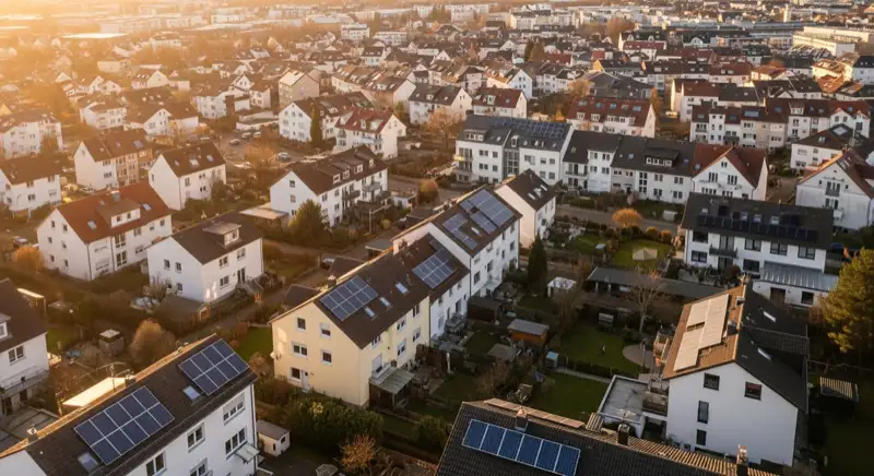 Aerial drone view of typical German residential neighborhood with mixed roof types, red and dark roof tiles, gardens visible, sunny day