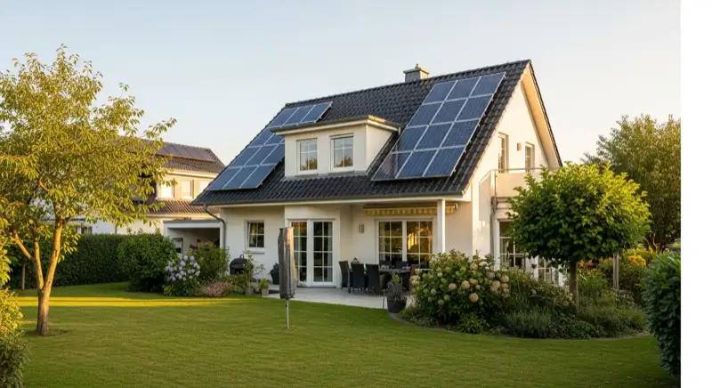 German detached house (Einfamilienhaus) with photovoltaic panels on pitched roof, well-maintained garden, warm afternoon sunlight