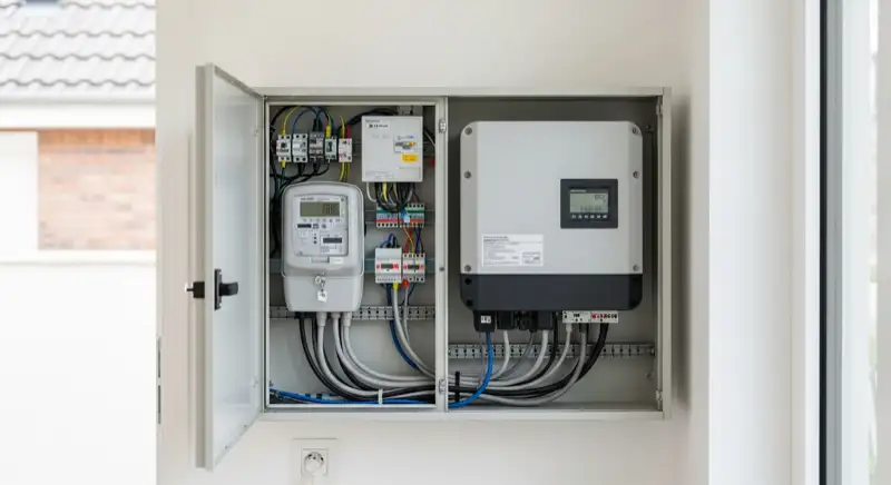 Modern German electrical meter cabinet (Zählerschrank) with smart meter and solar inverter connection, clean technical installation