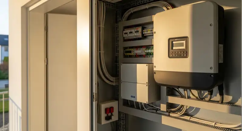 Open German residential service room with modern electrical meter cabinet, solar inverter, clean cable routing and no people visible