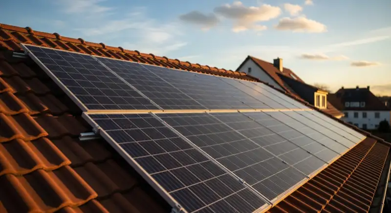 Close-up of photovoltaic solar panels installed on a traditional German Satteldach (gabled roof), blue sky with some clouds