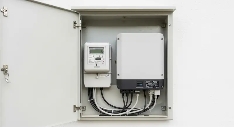 Modern German electrical meter cabinet (Zählerschrank) with smart meter and solar inverter connection, clean technical installation
