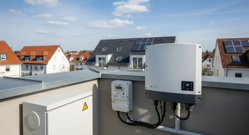 Modern German electrical meter cabinet (Zählerschrank) with smart meter and solar inverter connection, clean technical installation