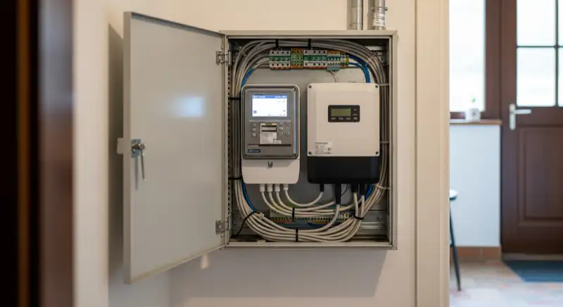 Modern German electrical meter cabinet (Zählerschrank) with smart meter and solar inverter connection, clean technical installation