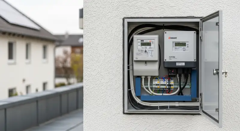 Modern German electrical meter cabinet (Zählerschrank) with smart meter and solar inverter connection, clean technical installation