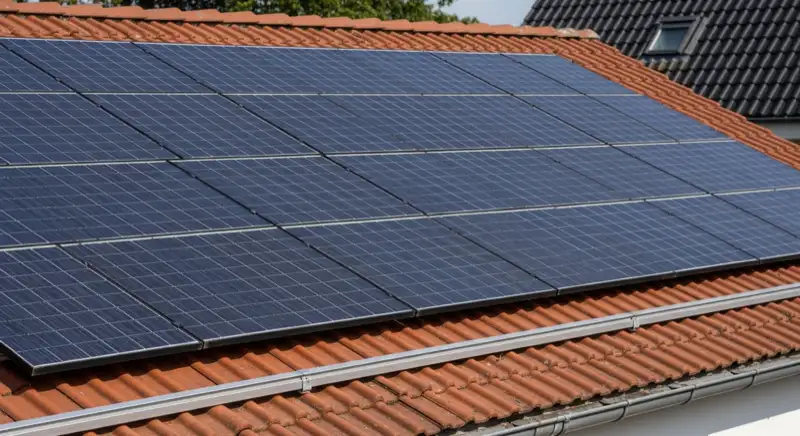 Nahaufnahme sauber montierter Photovoltaikmodule auf einem deutschen Satteldach