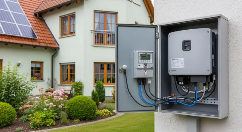 Modern German electrical meter cabinet (Zählerschrank) with smart meter and solar inverter connection, clean technical installation