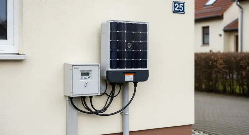 Modern German electrical meter cabinet (Zählerschrank) with smart meter and solar inverter connection, clean technical installation