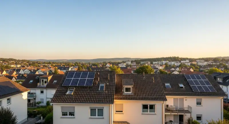 Sonnige Wohnhäuser an der Bergstraße in Bensheim mit sichtbaren Dachflächen