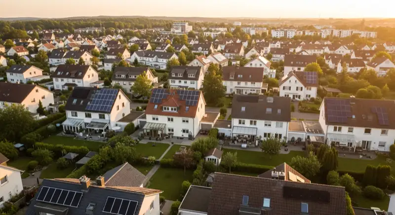 Aerial drone view of typical German residential neighborhood with mixed roof types, red and dark roof tiles, gardens visible, sunny day