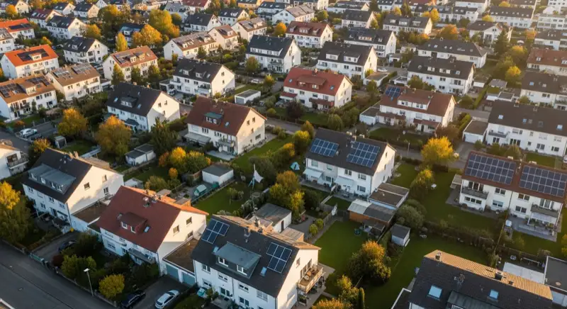 Aerial drone view of typical German residential neighborhood with mixed roof types, red and dark roof tiles, gardens visible, sunny day