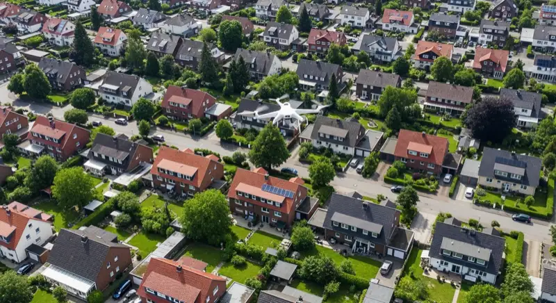 Luftaufnahme eines Bergisch Gladbacher Wohnviertels mit mehreren Solaranlagen auf Dächern