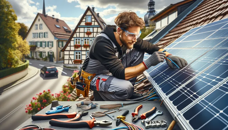 Solarinstallateur bei der Montage auf einem Berliner Dach