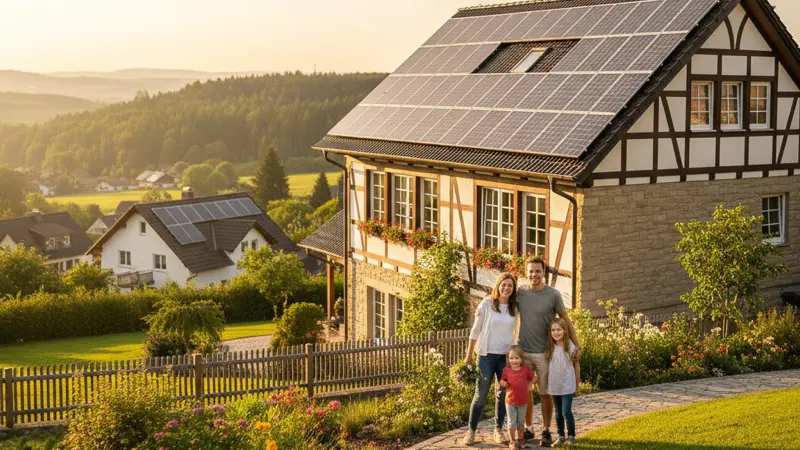Familie vor ihrem Einfamilienhaus mit Solaranlage in Bielefeld