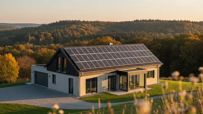 Einfamilienhaus mit Solaranlage in Bielefeld, Teutoburger Wald im Hintergrund, ostwestfälische Architektur