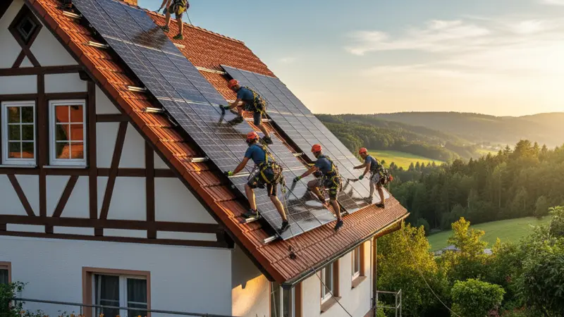 Solarinstallateur bei der Montage auf einem Bielefelder Dach