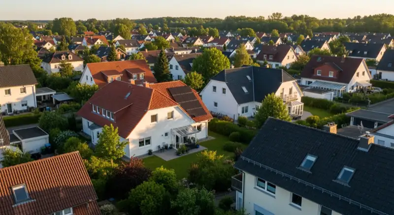 Aerial drone view of typical German residential neighborhood with mixed roof types, red and dark roof tiles, gardens visible, sunny day