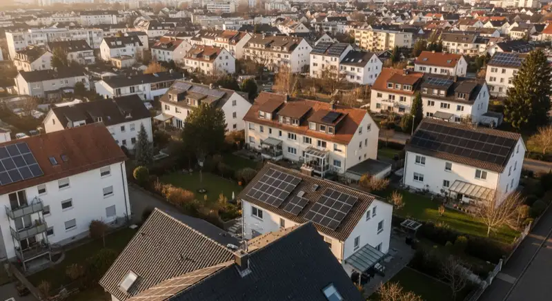 Aerial drone view of typical German residential neighborhood with mixed roof types, red and dark roof tiles, gardens visible, sunny day