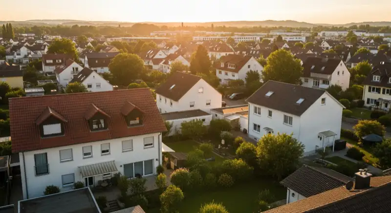 Aerial drone view of typical German residential neighborhood with mixed roof types, red and dark roof tiles, gardens visible, sunny day