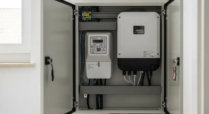 Modern German electrical meter cabinet (Zählerschrank) with smart meter and solar inverter connection, clean technical installation