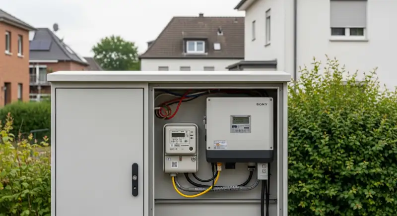 Modern German electrical meter cabinet (Zählerschrank) with smart meter and solar inverter connection, clean technical installation