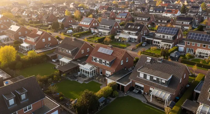 Aerial drone view of typical German residential neighborhood with mixed roof types, red and dark roof tiles, gardens visible, sunny day